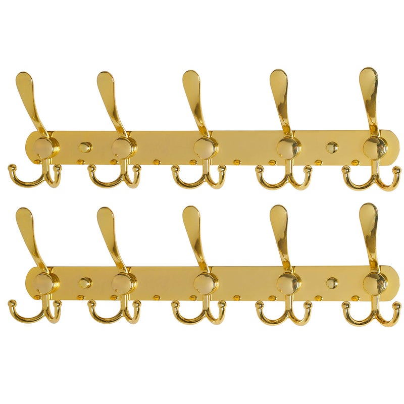 Dseap Coat Rack Wall Mounted - 5 Tri Hooks, Heavy Duty, Stainless Steel, Metal Coat Hook Rail for Coat Hat Towel Purse Robes Mudroom Bathroom Entryway (Gold, 2 Packs) - Image 1